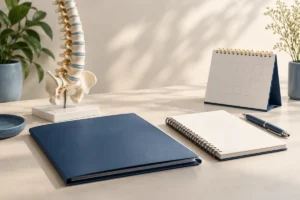 Modelo anatômico de coluna ao lado de pasta, caderno e calendário em branco.