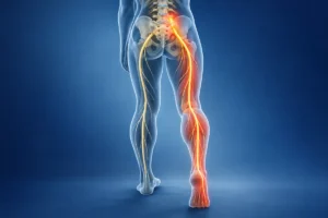 Ilustração de corpo humano visto de costas, com coluna lombar e trajeto de nervos destacado em uma perna.